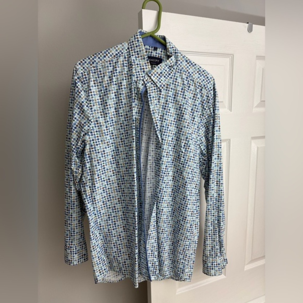 HAUPT Men’s Regular Fit Button-Down Shirt L 41/42 (16½) – Blue Green Dot Print